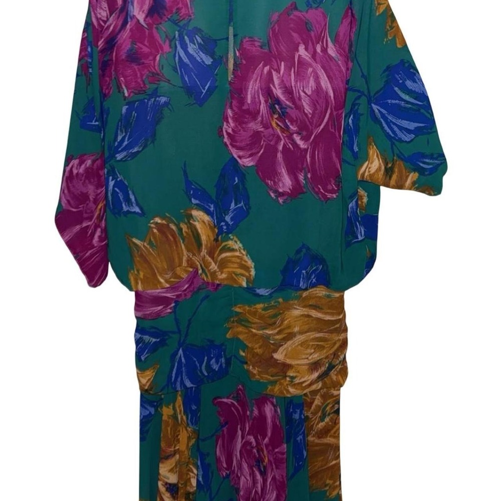 Vintage Kono New York Green/Teal Floral Ruched Dress P2P 22", Length 46" - Picture 3 of 5